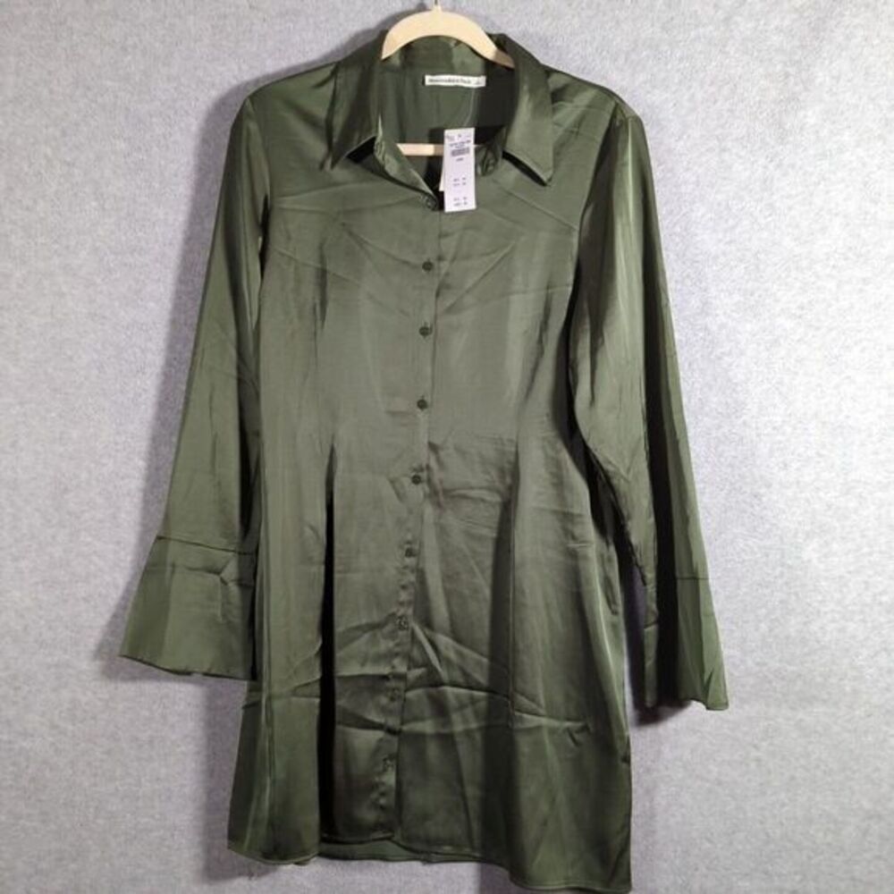 abercrombie and fitch Satin Tunic Top Oversize L Sage Green Button Flattering